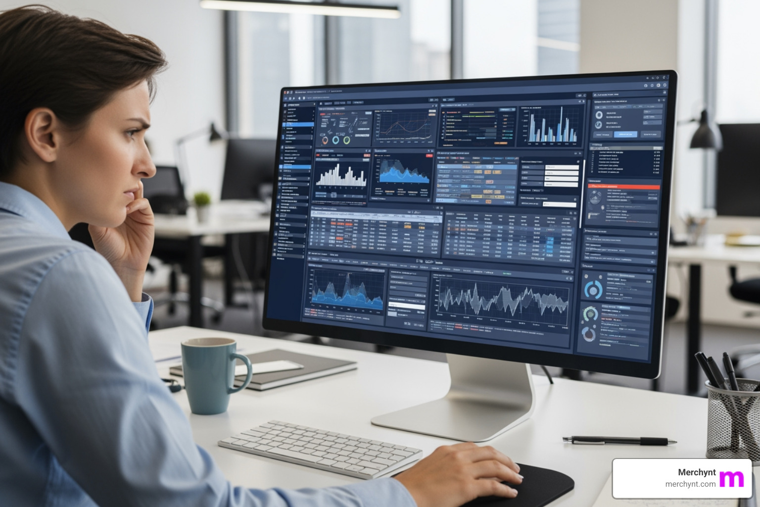Person looking frustrated at a complex software dashboard - software for seo