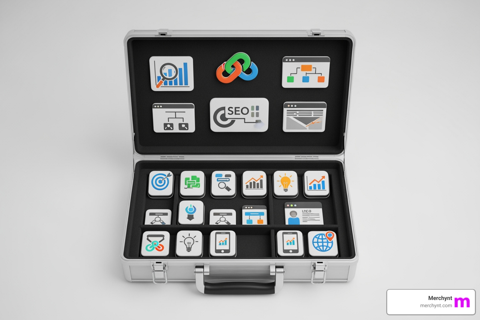 digital toolbox with logos of various SEO tools - Automated SEO platform