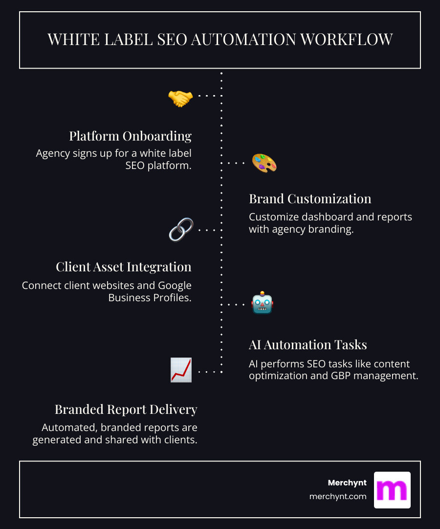 Infographic showing the white label SEO automation workflow: Agency signs up for white label platform, customizes dashboard with their branding, connects client websites and Google Business Profiles, AI automation performs SEO tasks like content optimization and GBP management, automated branded reports are generated, agency delivers reports to clients under their own brand, clients see only the agency's branding and expertise - white label SEO automation infographic infographic-line-5-steps-dark