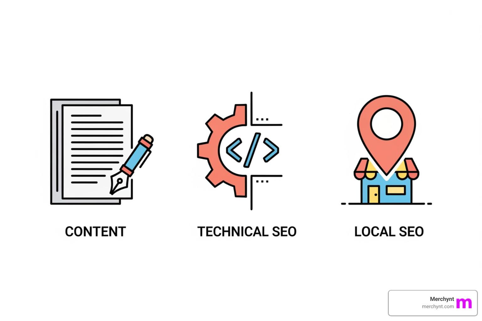 Icons representing Content, Technical, and Local SEO - AI automated SEO Icons representing Content, Technical, and Local SEO - AI automated SEO