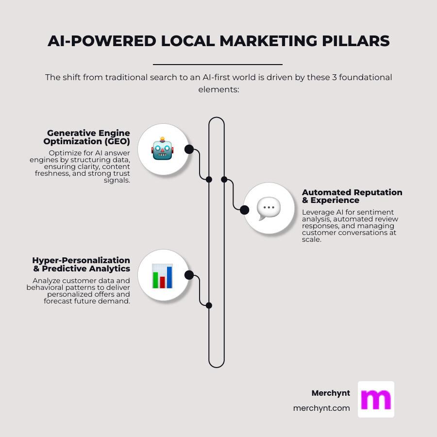 detailed infographic showing the evolution from traditional local search (citations and backlinks) to AI-driven local marketing (structured data, reputation signals, real-time personalization, and conversational search optimization) - AI-powered local marketing infographic infographic-line-3-steps-elegant_beige