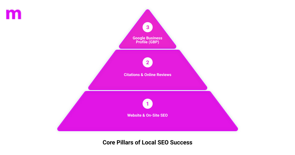 infographic explaining the core pillars of local SEO: Google Business Profile, Citations, Reviews, and On-Site SEO - free local seo audit tool infographic 3_stage_pyramid