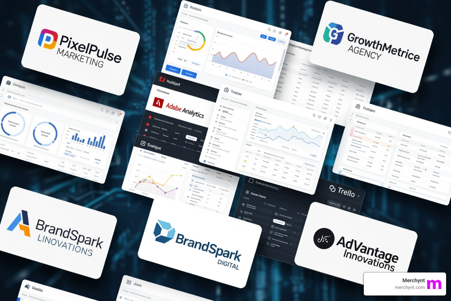 Collage of different agency logos and software dashboards - Google Business Profile agency