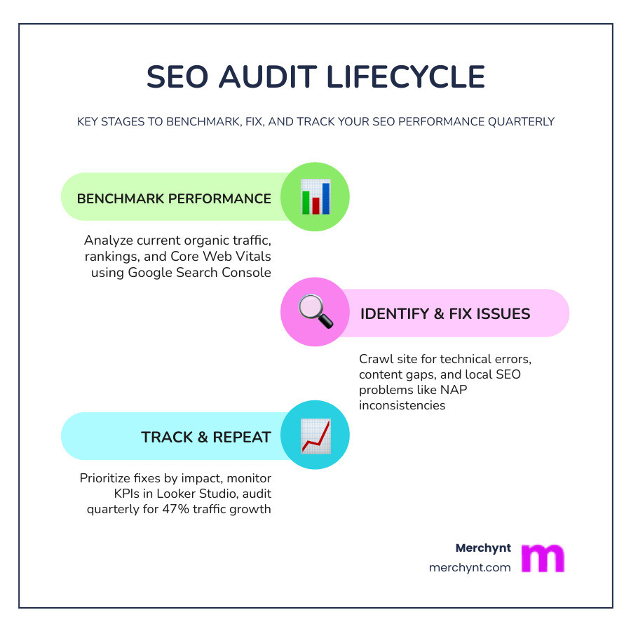 Comprehensive SEO audit lifecycle showing the key stages: benchmark current performance, crawl and identify technical issues, analyze on-page and content quality, assess backlinks and authority signals, audit local SEO elements, prioritize findings by impact, implement fixes systematically, track KPIs and results, schedule routine audits quarterly - seo audit checklist template infographic infographic-line-3-steps-colors Comprehensive SEO audit lifecycle showing the key stages: benchmark current performance, crawl and identify technical issues, analyze on-page and content quality, assess backlinks and authority signals, audit local SEO elements, prioritize findings by impact, implement fixes systematically, track KPIs and results, schedule routine audits quarterly - seo audit checklist template infographic infographic-line-3-steps-colors