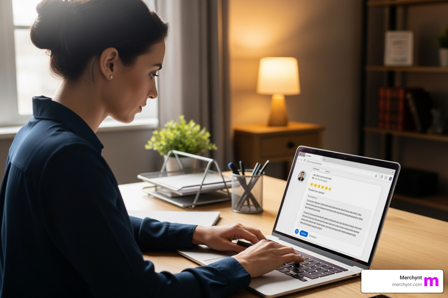 business owner typing a response to a customer review on a laptop - GMB review management