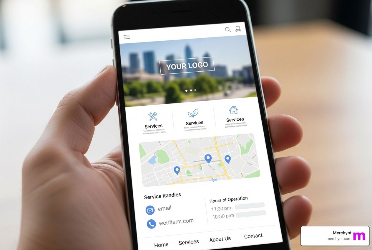 Mobile phone showing a clean, local business website - Increase local visibility Mobile phone showing a clean, local business website - Increase local visibility