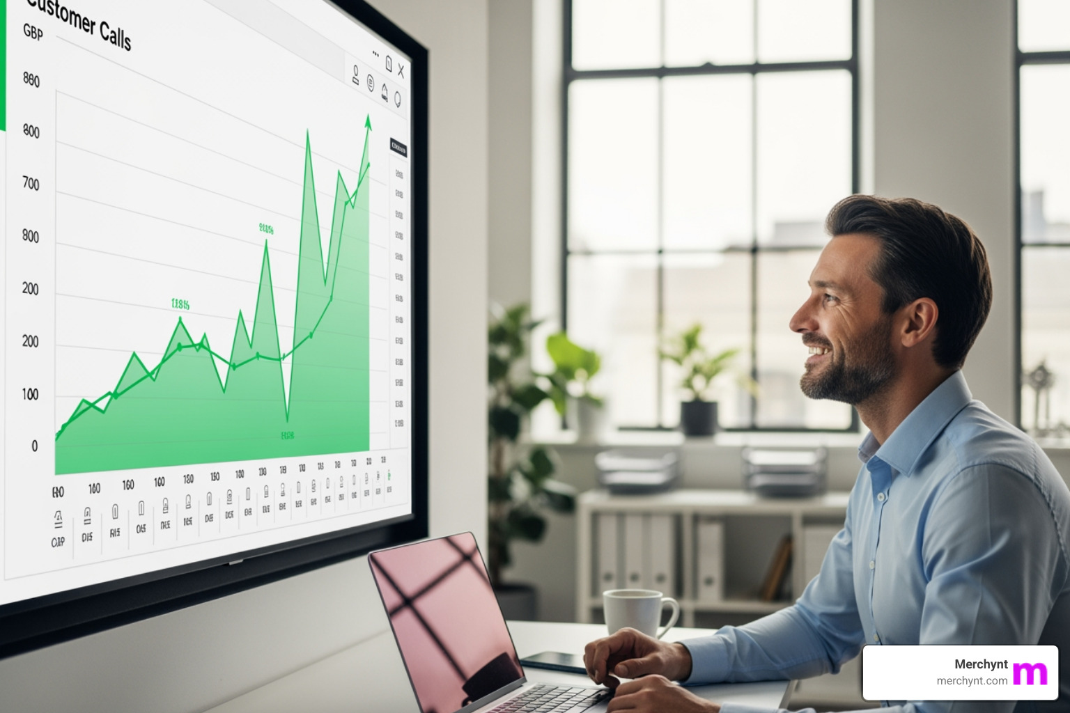 business owner smiling at a graph showing upward-trending customer calls from GBP - gmb audit for local seo