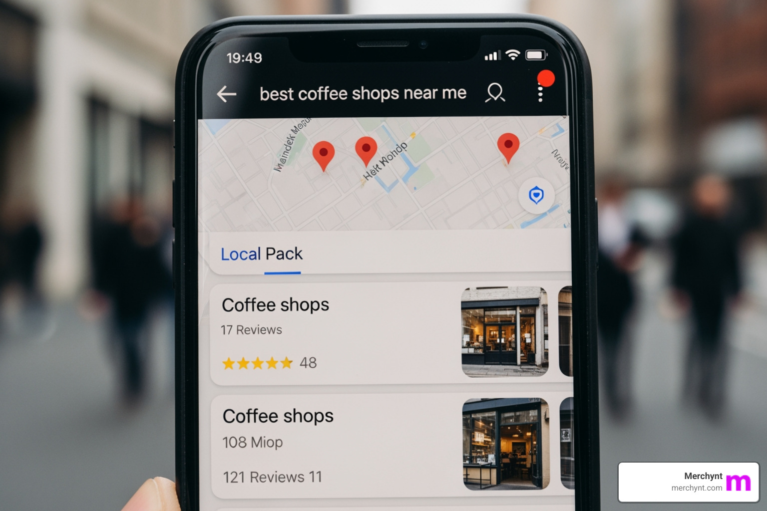 Image showing the difference in screen space taken by the Local Pack vs. organic results on a phone - Google Maps local pack Image showing the difference in screen space taken by the Local Pack vs. organic results on a phone - Google Maps local pack