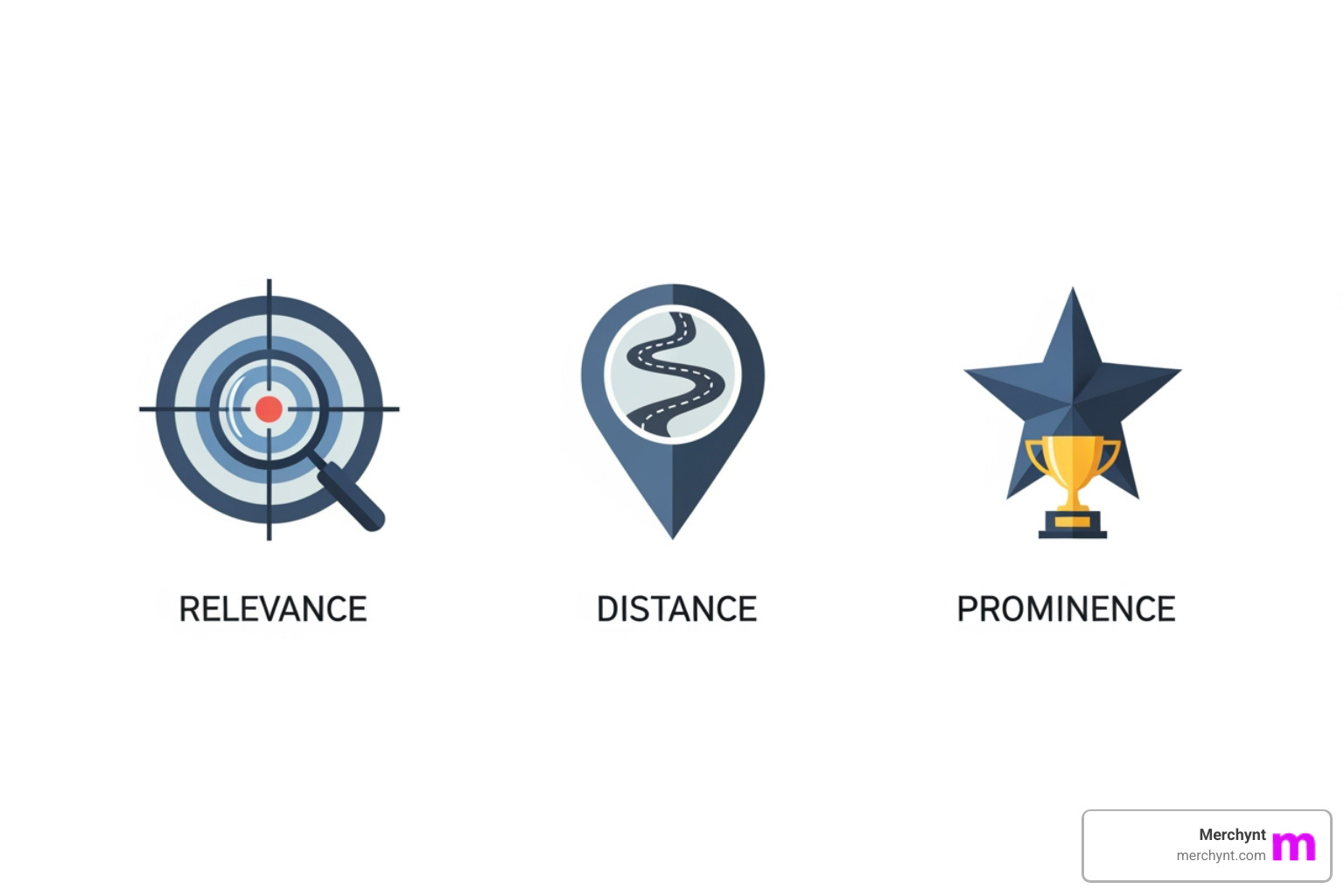 Three icons representing Relevance, Distance, and Prominence - Google Maps local pack Three icons representing Relevance, Distance, and Prominence - Google Maps local pack