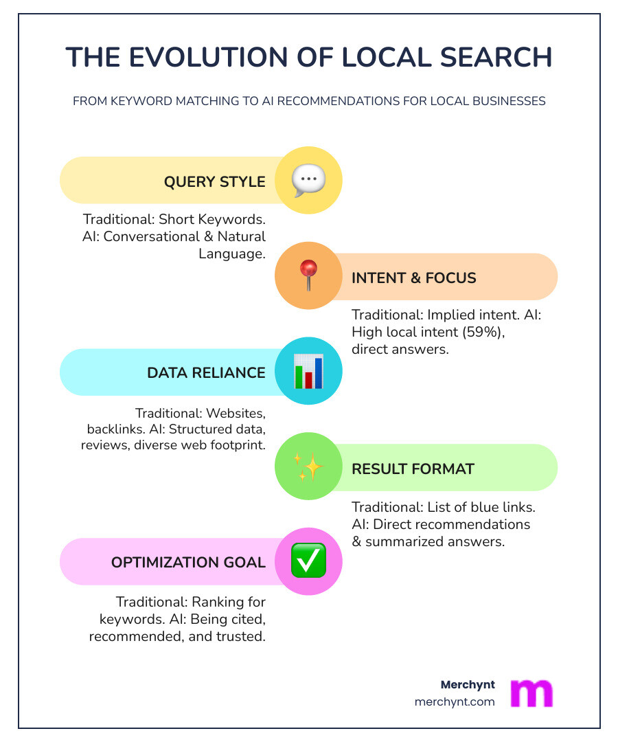 infographic showing the evolution from traditional keyword search to AI-powered conversational recommendations, highlighting key differences including query length, local intent percentage, data sources used by AI, and the shift from ranking to being cited and recommended - chatgpt optimization for multi-location brands infographic infographic-line-5-steps-colors
