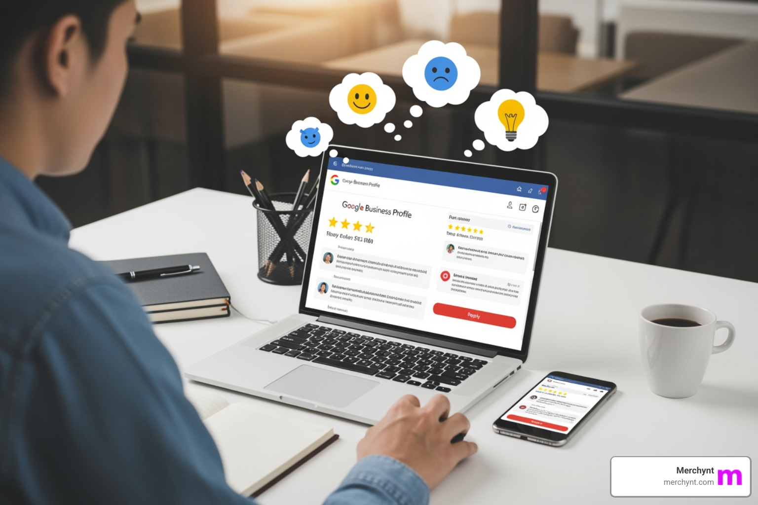 split screen showing a positive review with a thank you reply and a negative review with an apologetic reply - Google Business review management split screen showing a positive review with a thank you reply and a negative review with an apologetic reply - Google Business review management