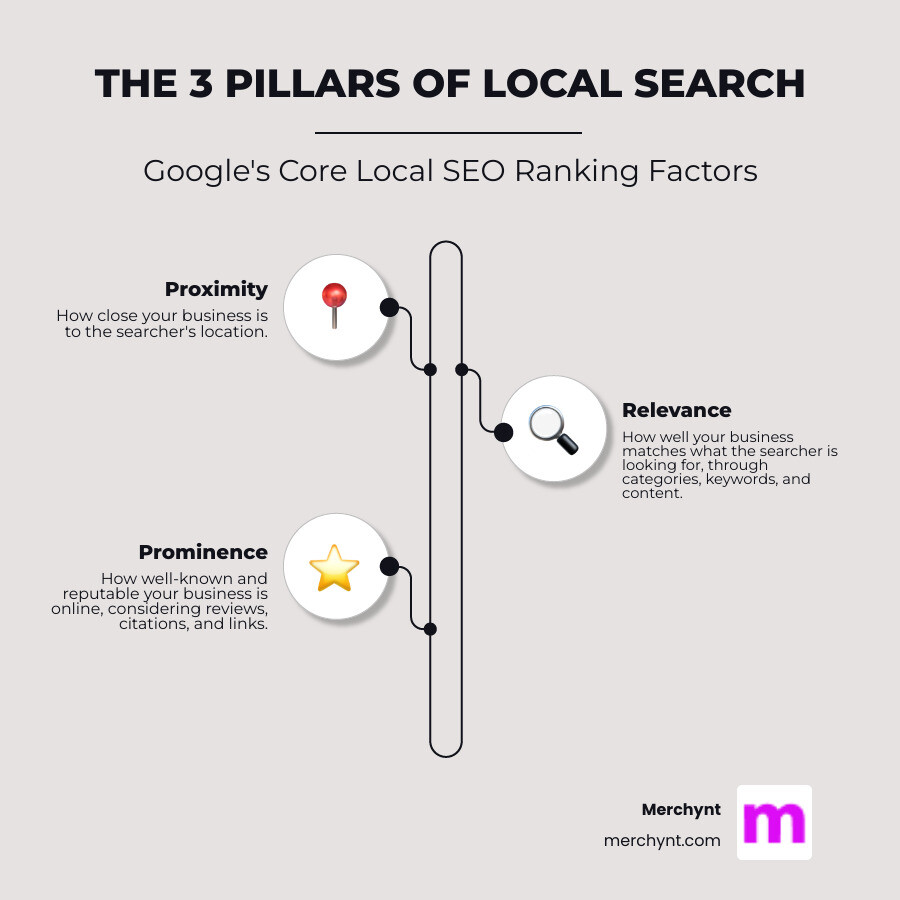 Infographic showing the three pillars of local search: Proximity (distance from searcher), Relevance (matching search intent through categories, keywords, and content), and Prominence (reputation through reviews, citations, and links) - Local SEO ranking factors infographic infographic-line-3-steps-elegant_beige Infographic showing the three pillars of local search: Proximity (distance from searcher), Relevance (matching search intent through categories, keywords, and content), and Prominence (reputation through reviews, citations, and links) - Local SEO ranking factors infographic infographic-line-3-steps-elegant_beige