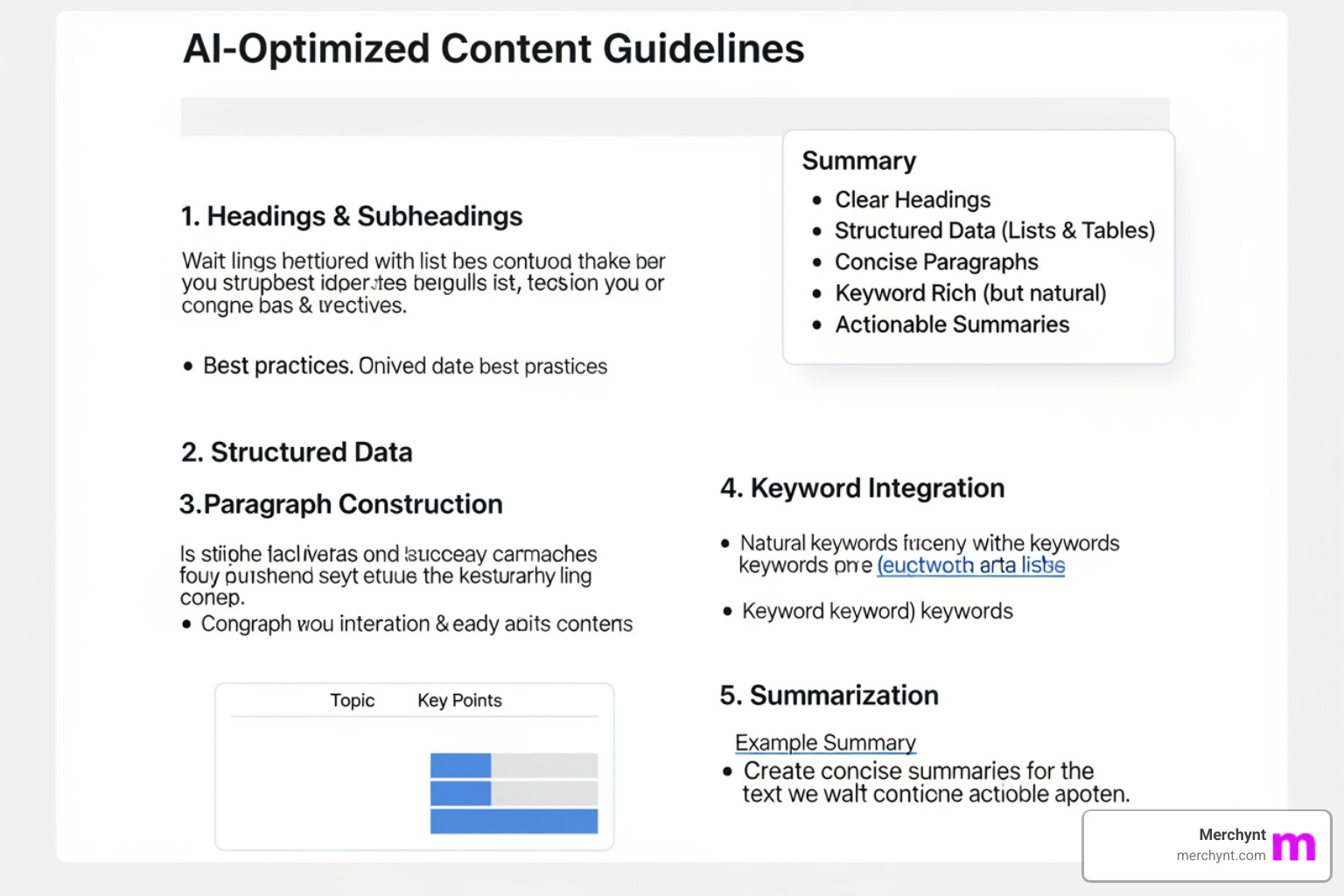 An image illustrating an article structured for AI parsing, showing clear headings, bullet points, TL;DR summaries, and embedded structured data examples. - chatgpt optimization strategy for 2025