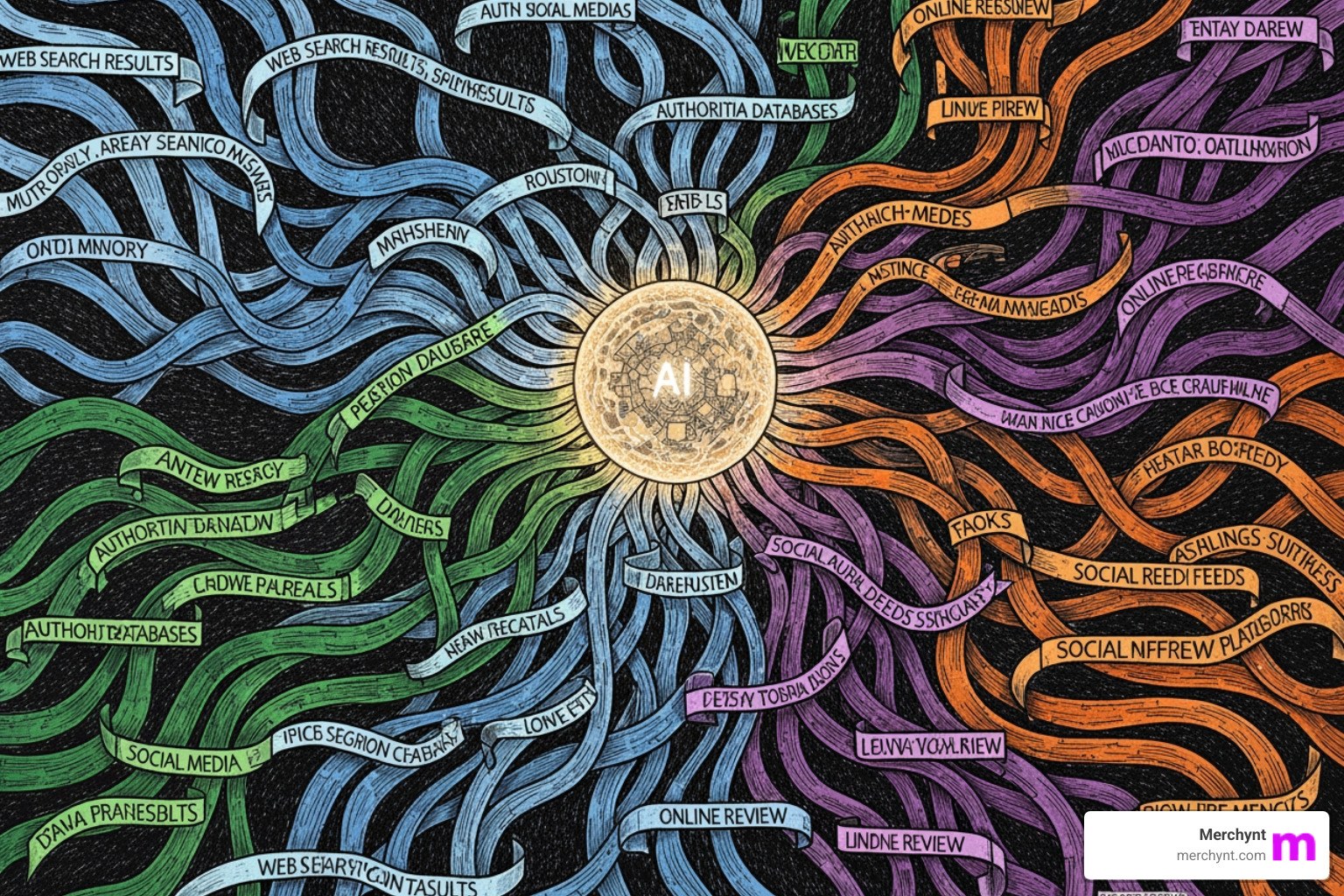 A flowchart illustrating ChatGPT's data sources, showing connections to web search (Bing), authoritative databases, online reviews, social media, and structured data feeds, all feeding into its recommendation algorithm. - chatgpt optimization strategy for 2025