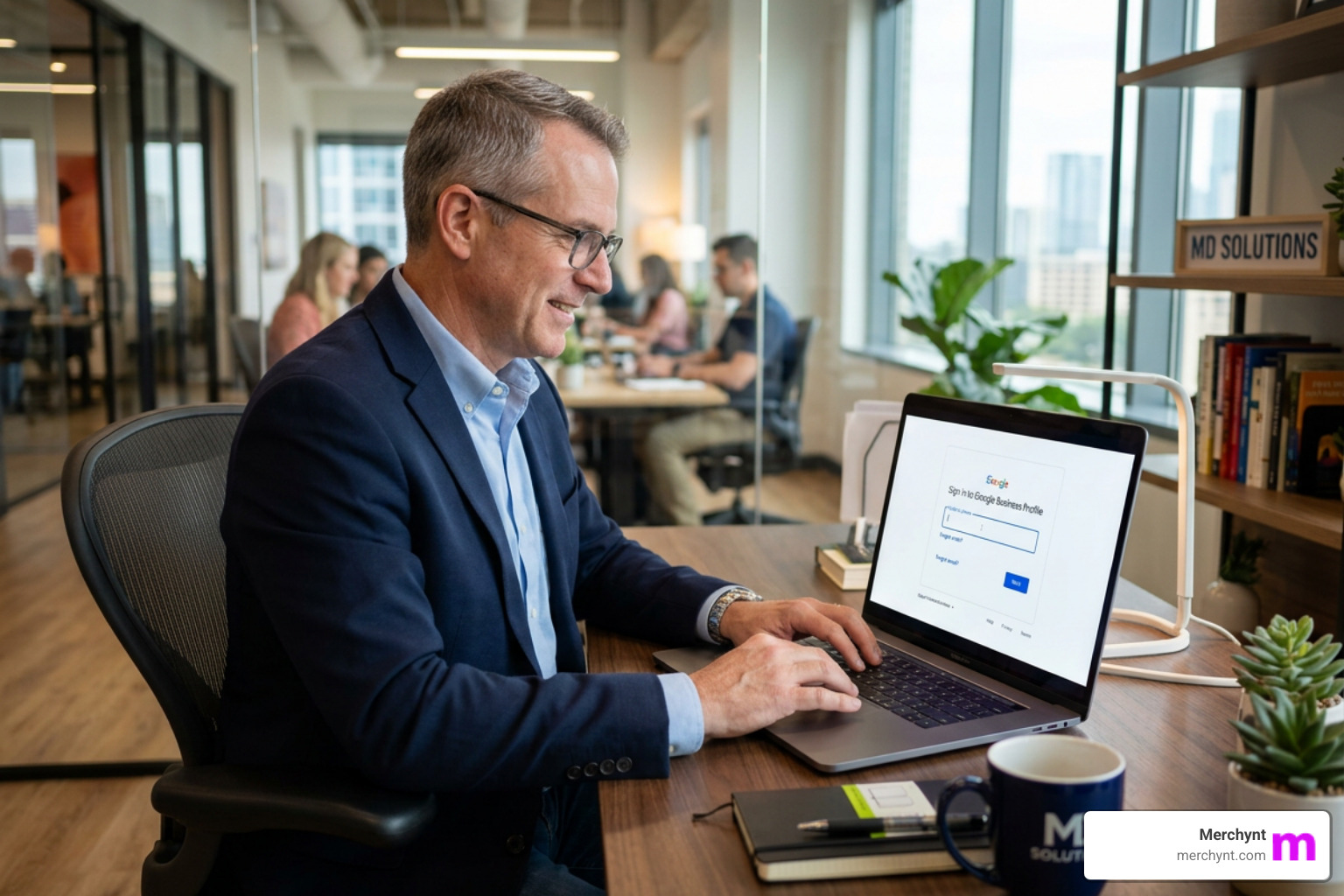 A user signing into the Google Business Profile dashboard on a laptop - google local business listing login