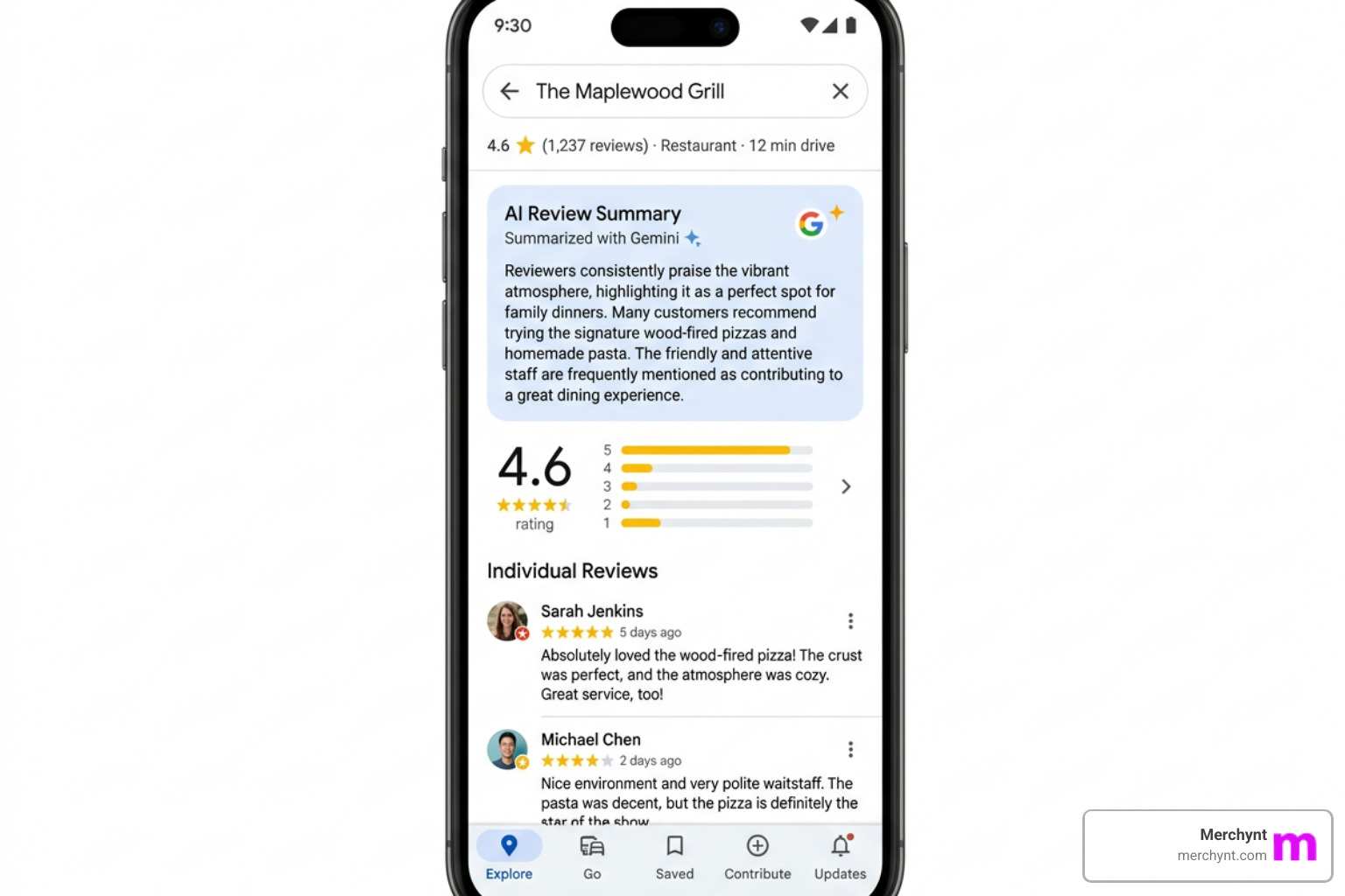 Google Maps interface with Gemini summaries - ai for google reviews