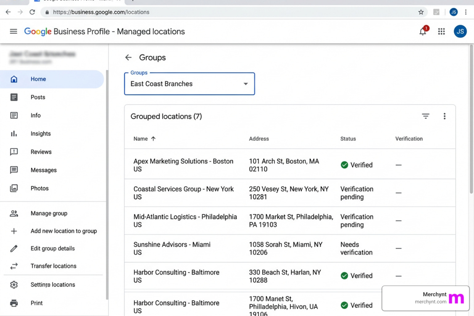 Google Business Profile dashboard showing multiple locations organized in a group - google business multiple locations Google Business Profile dashboard showing multiple locations organized in a group - google business multiple locations