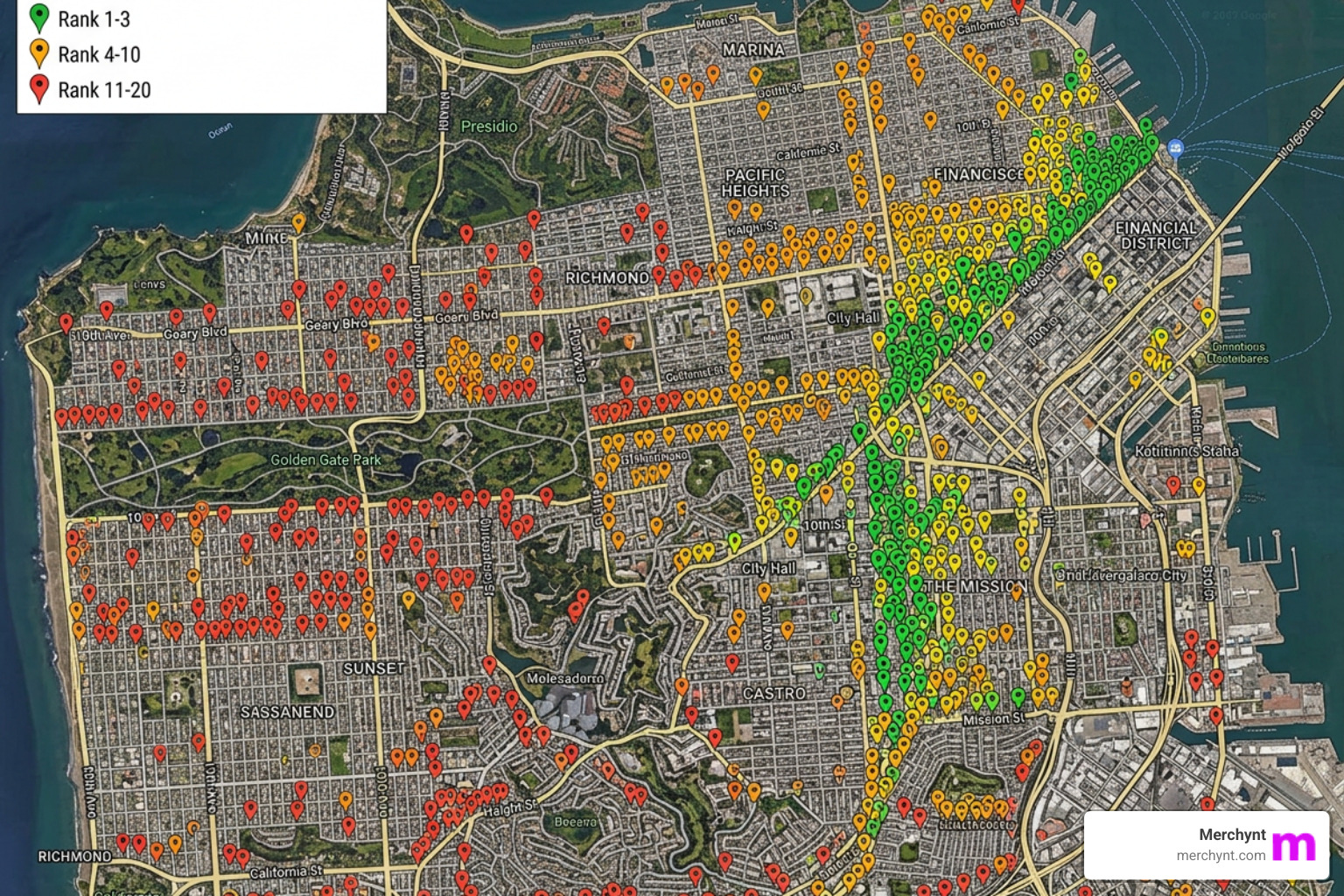 Color-coded pins 1-20 on a city map showing ranking variation - gbp ai heatmap analysis Color-coded pins 1-20 on a city map showing ranking variation - gbp ai heatmap analysis