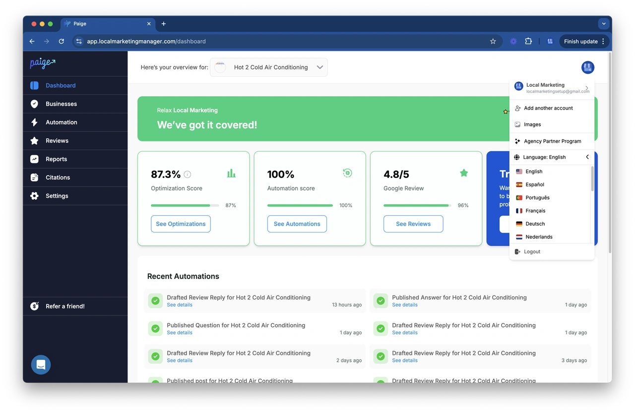 Paige SEO performance dashboard - best seo software for small business
