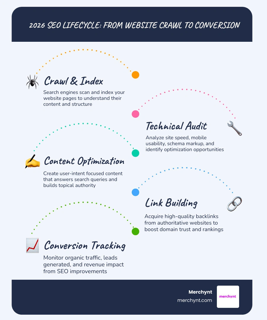 2026 SEO lifecycle from website crawl to conversion, showing key stages and ranking factors infographic 2026 SEO lifecycle from website crawl to conversion, showing key stages and ranking factors infographic