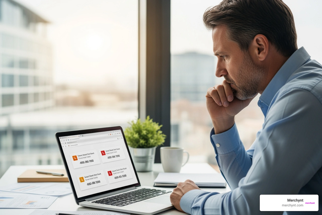 A business owner looking frustrated at conflicting search results showing different phone numbers A business owner looking frustrated at conflicting search results showing different phone numbers