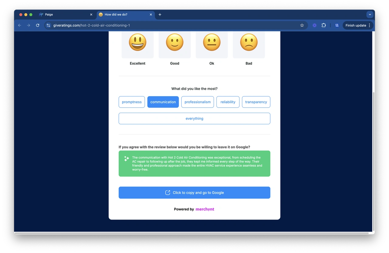 Automated review request being sent via smartphone screen