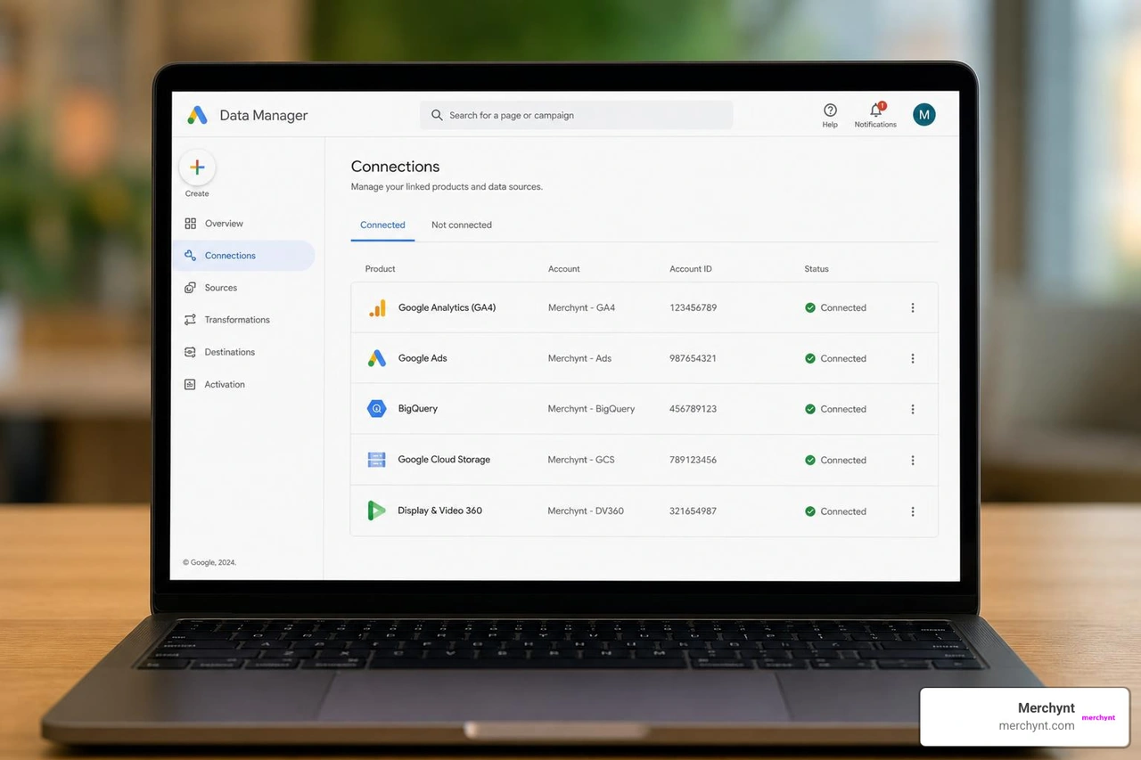 Google Ads Data Manager product linking dashboard showing connected services