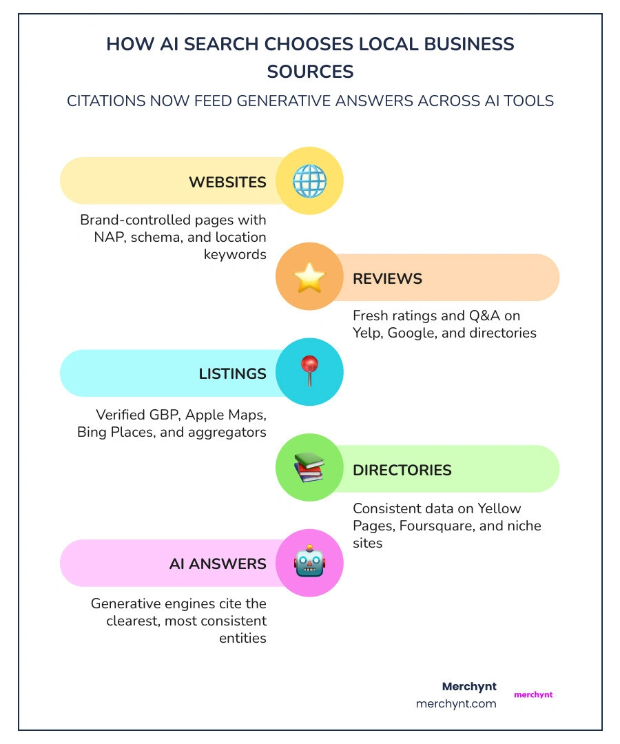 How AI search engines choose local business sources from websites listings and reviews infographic