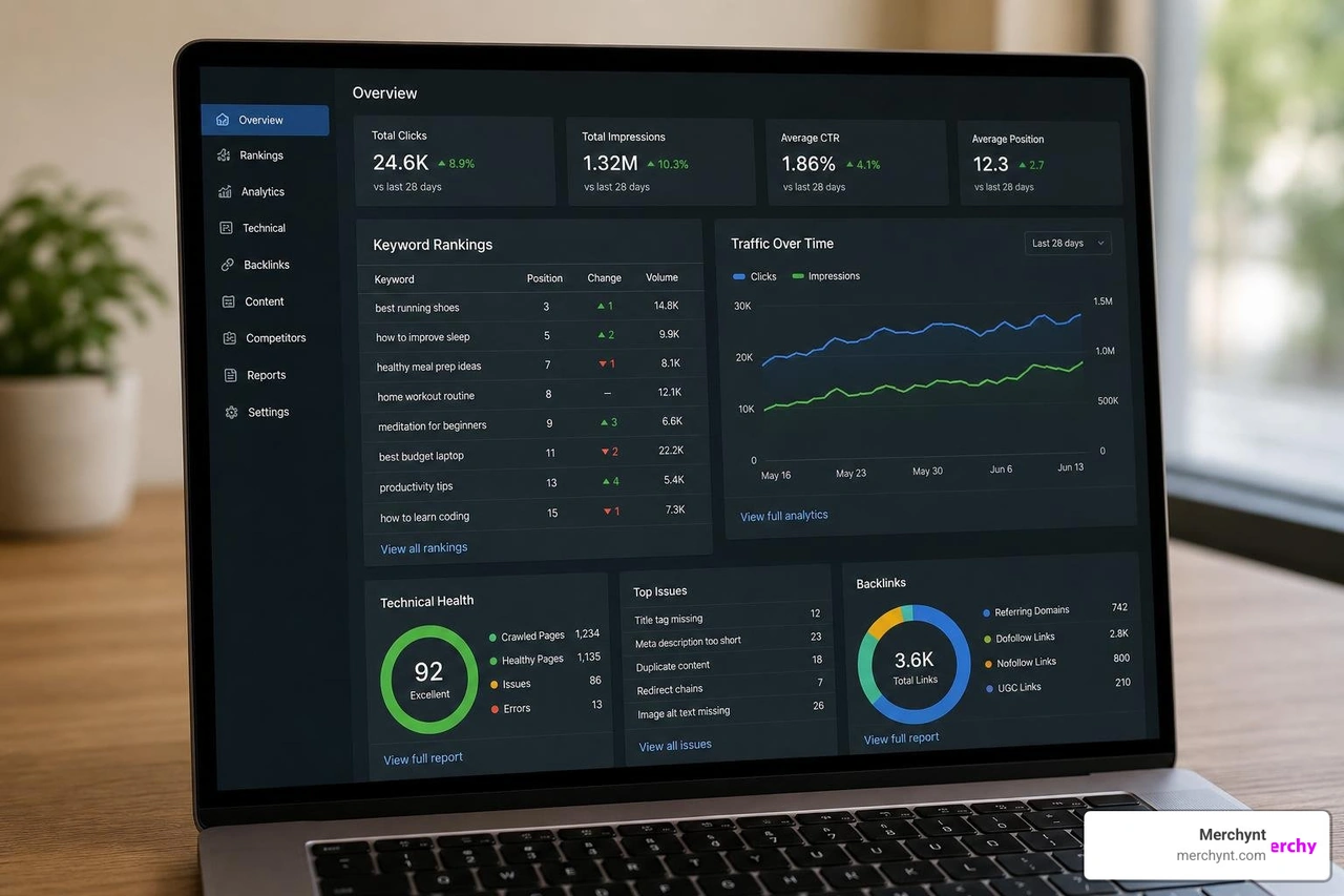 A modern SEO dashboard showing keyword rankings, technical health scores, and traffic growth over time