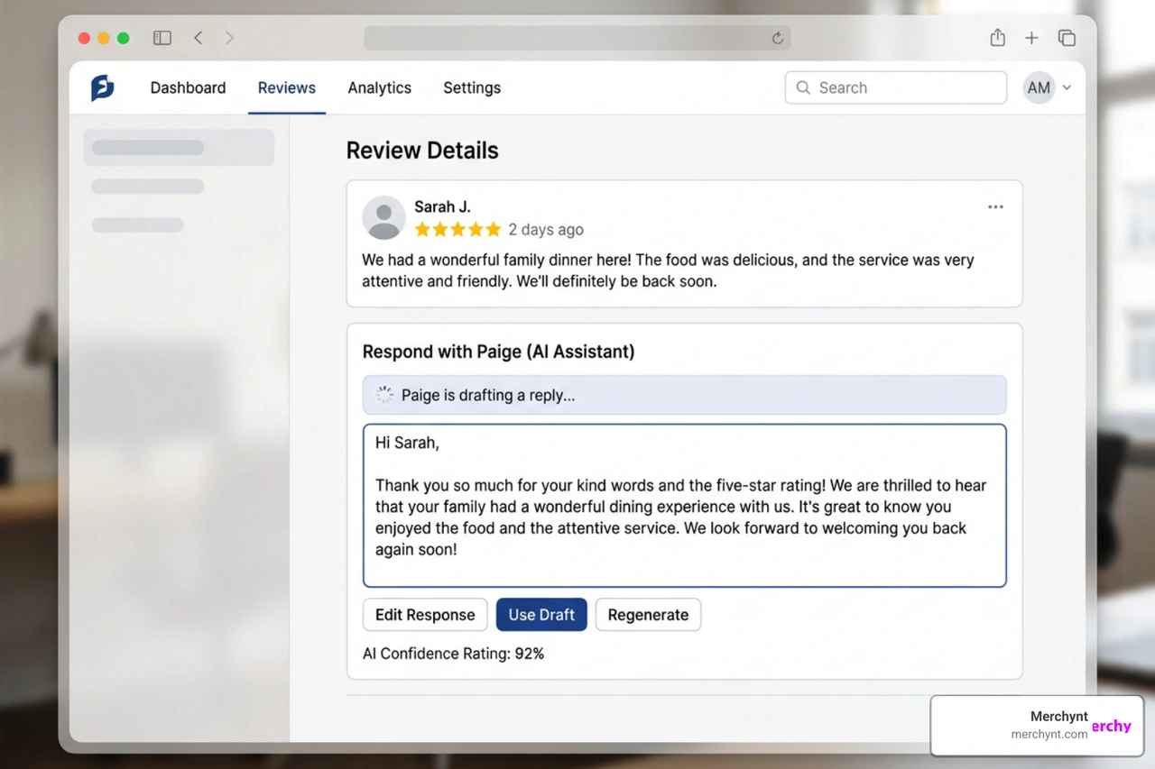 AI review responder interface showing Paige drafting automated responses to Google reviews AI review responder interface showing Paige drafting automated responses to Google reviews