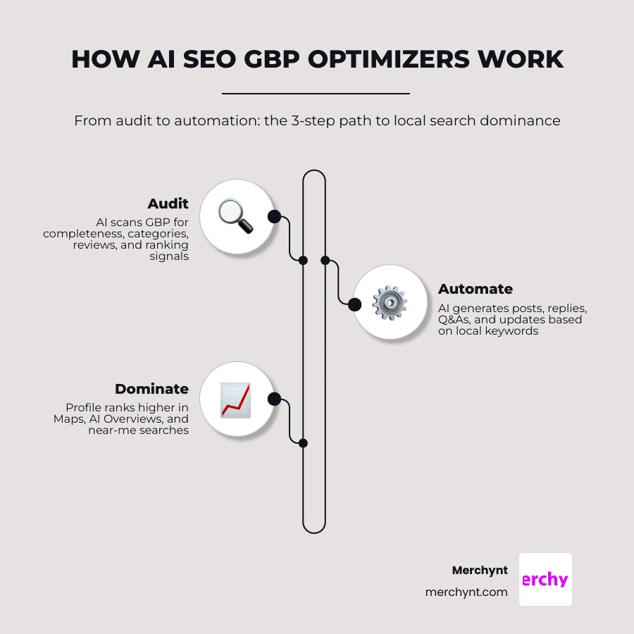 Infographic showing how AI local SEO optimizers work: audit, automate posts, manage reviews, track rankings infographic