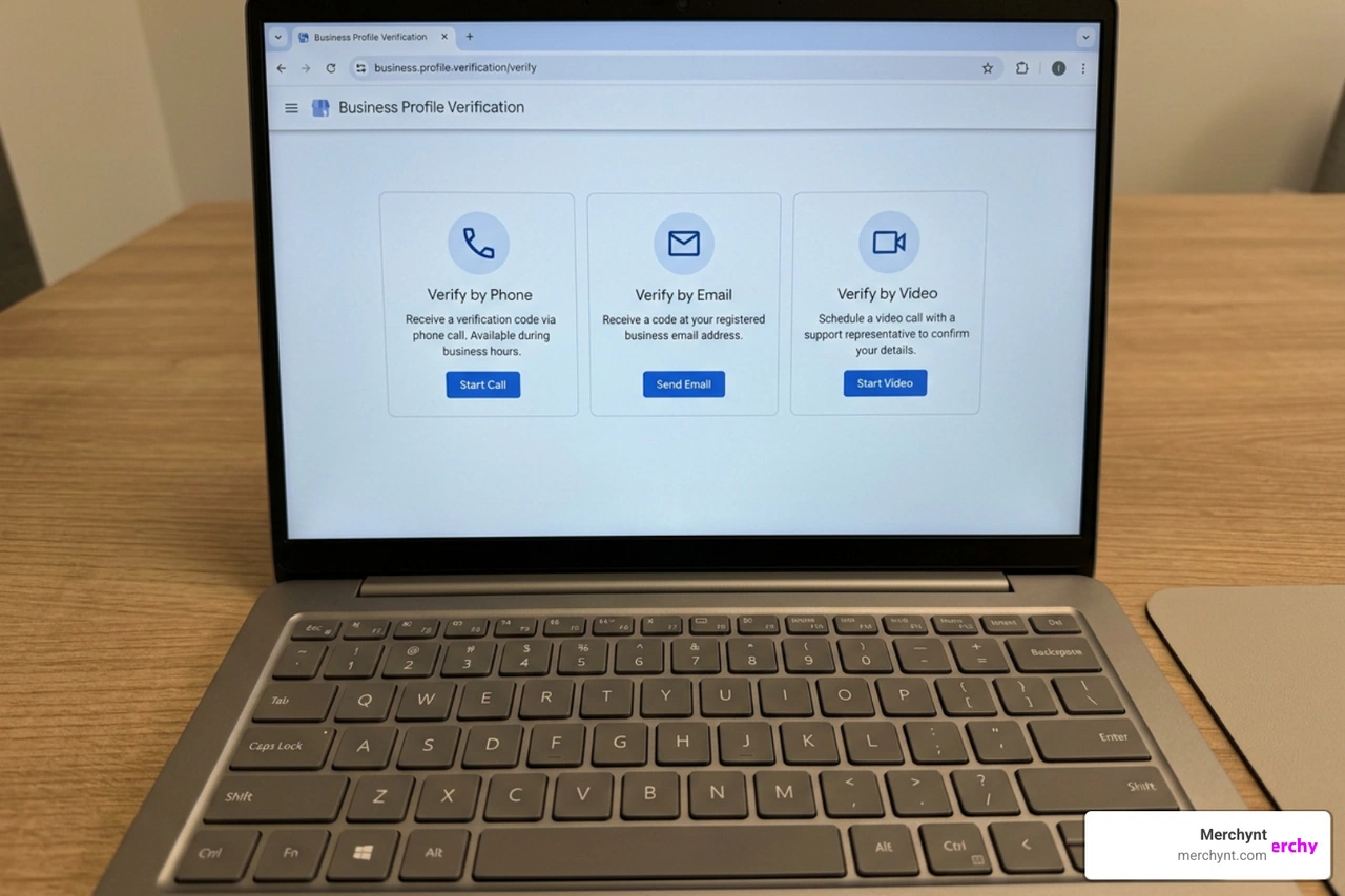 Google Business Profile verification process showing phone, email, and video options