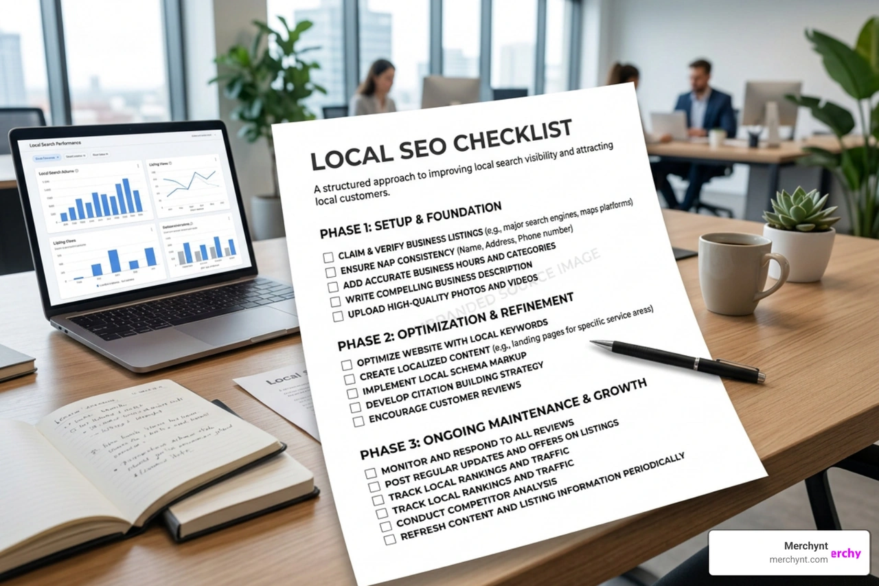 A step-by-step local SEO checklist showing setup, optimization, and ongoing maintenance phases