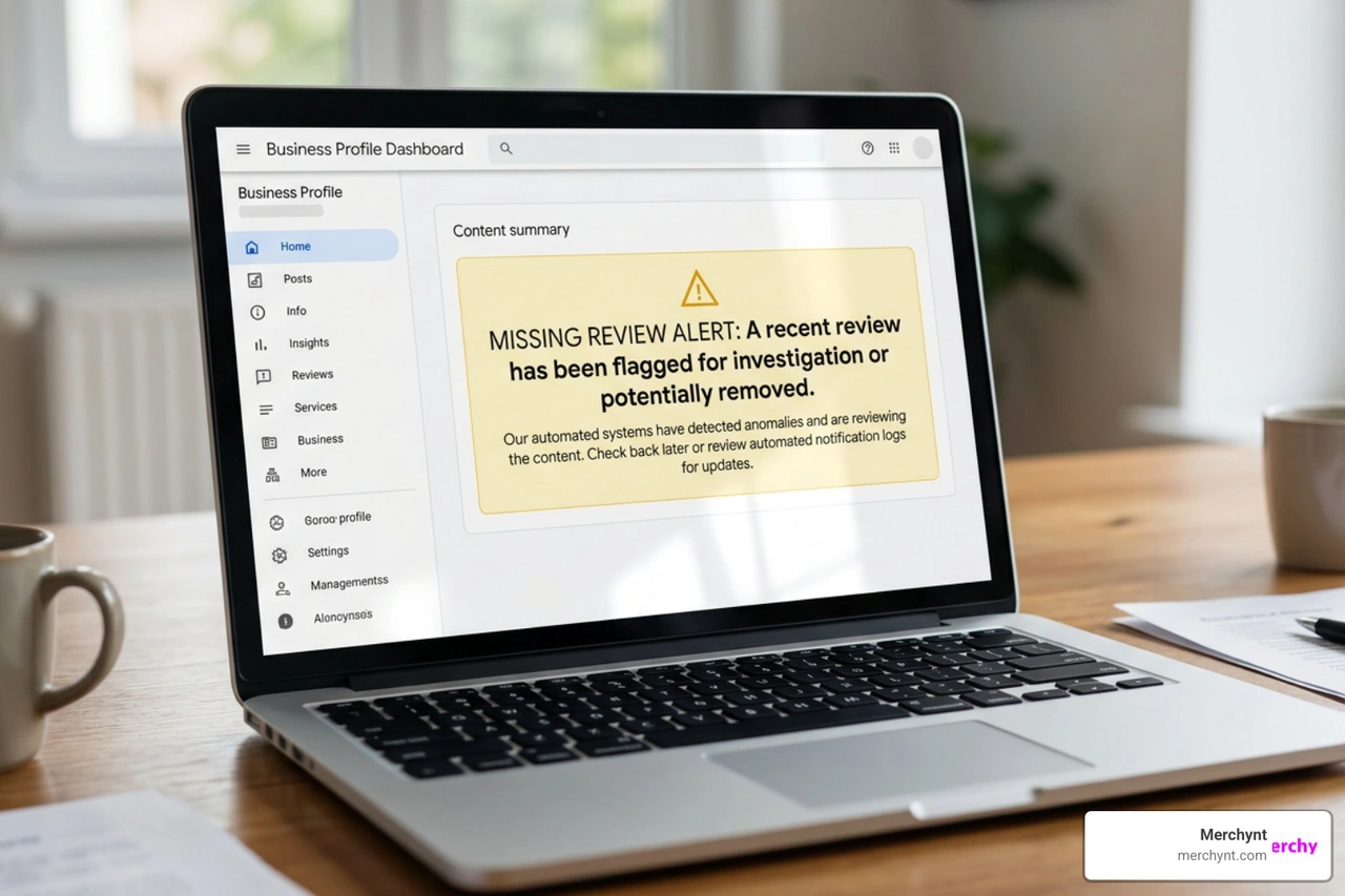 Interface showing a missing review alert on Google Business Profile