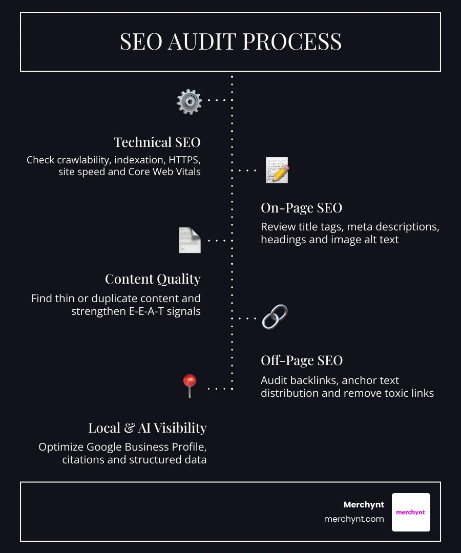 Step-by-step SEO audit process infographic covering technical, on-page, off-page, local, and AI visibility dimensions