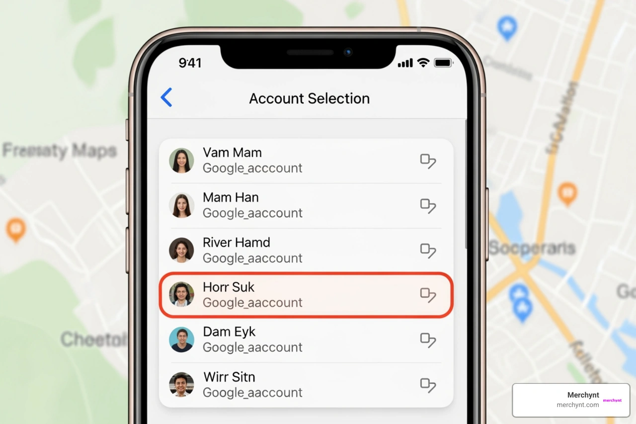 Google Maps mobile app login screen showing the account selection menu Google Maps mobile app login screen showing the account selection menu