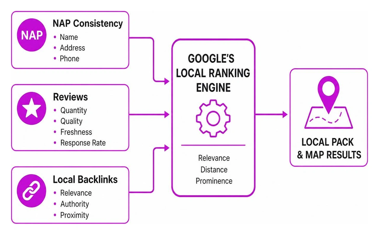 Diagram showing how NAP consistency, reviews, and local backlinks feed into Google's local ranking engine Diagram showing how NAP consistency, reviews, and local backlinks feed into Google's local ranking engine