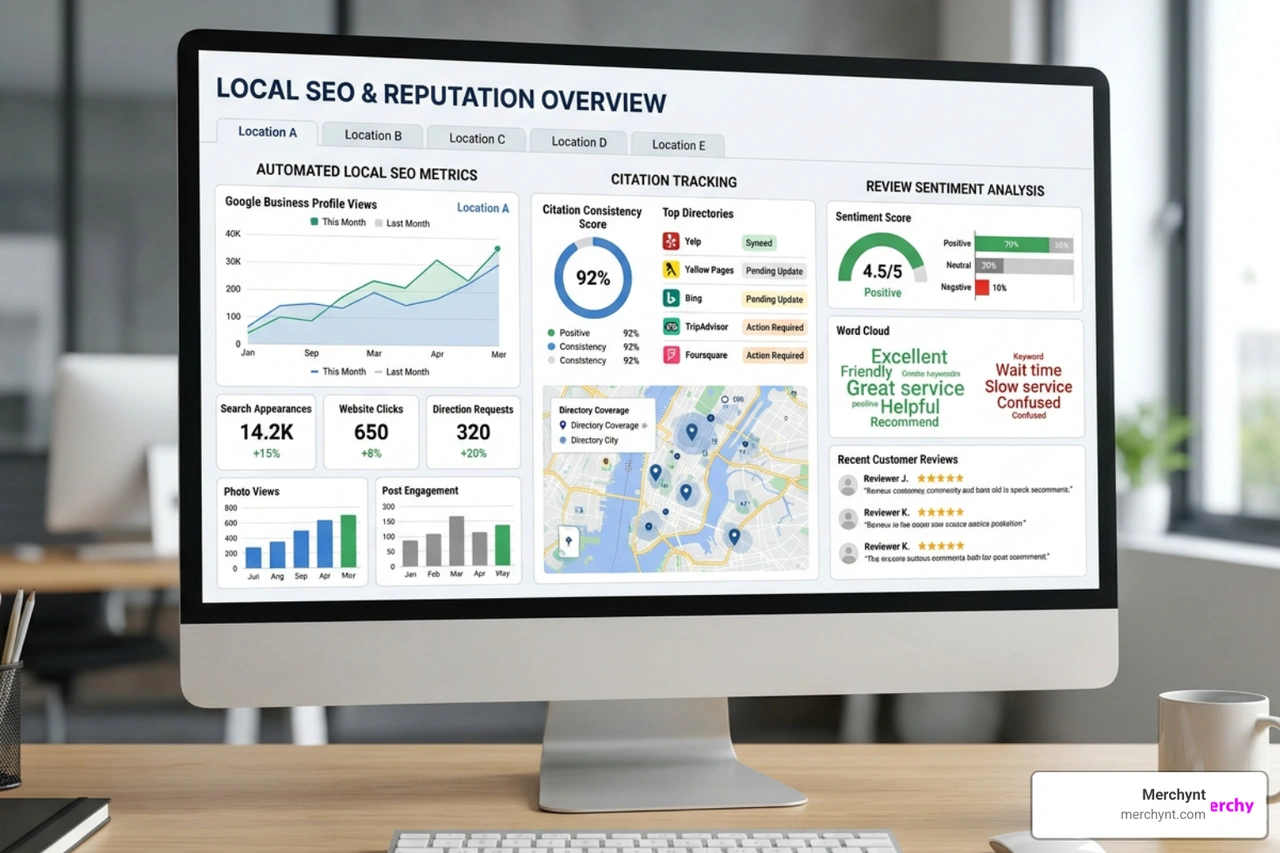 Comparison dashboard showing automated local SEO metrics, citation tracking, and review sentiment analysis Comparison dashboard showing automated local SEO metrics, citation tracking, and review sentiment analysis