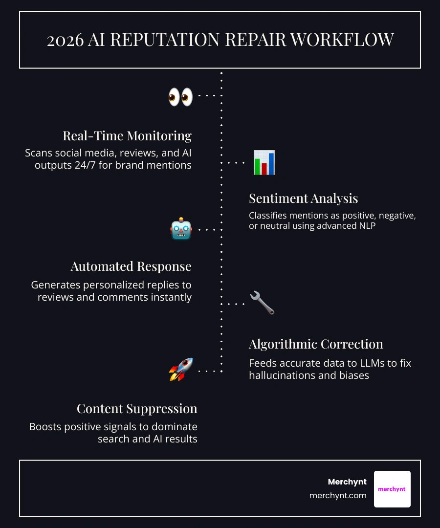 2026 AI reputation repair workflow showing monitoring, sentiment analysis, automated response, and algorithmic correction 2026 AI reputation repair workflow showing monitoring, sentiment analysis, automated response, and algorithmic correction