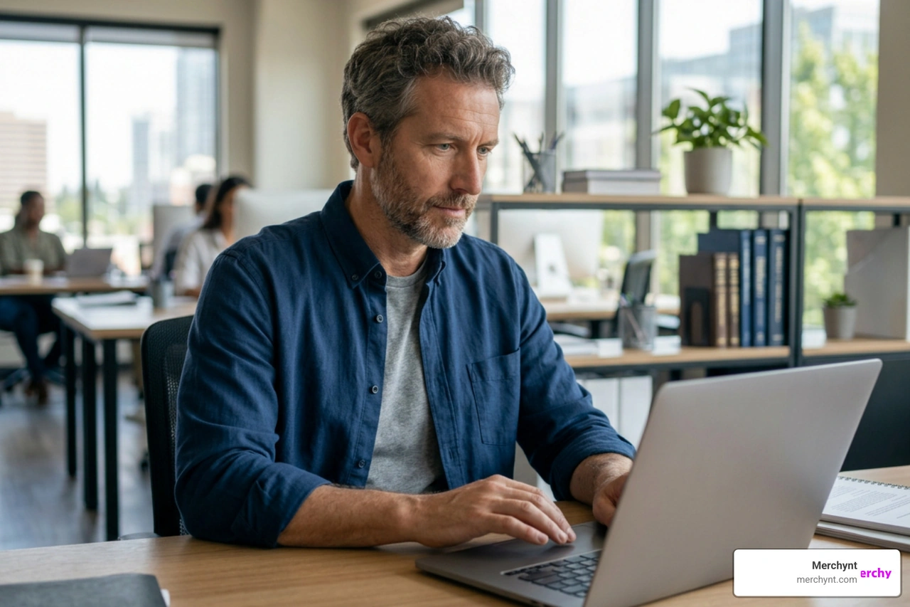 Business owner responding to reviews on a laptop Business owner responding to reviews on a laptop
