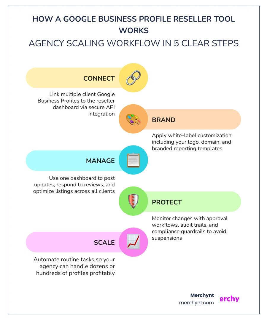 How a Google Business Profile reseller tool works: agency sells GBP services, tool executes management, clients see branded