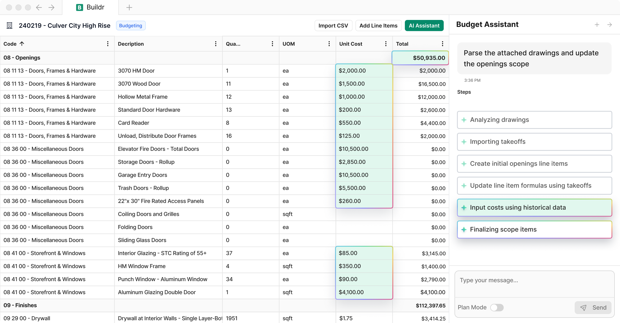 A screen mockup of Buildr's Budgeting tool, with the Budget Assistant pane open on the right.