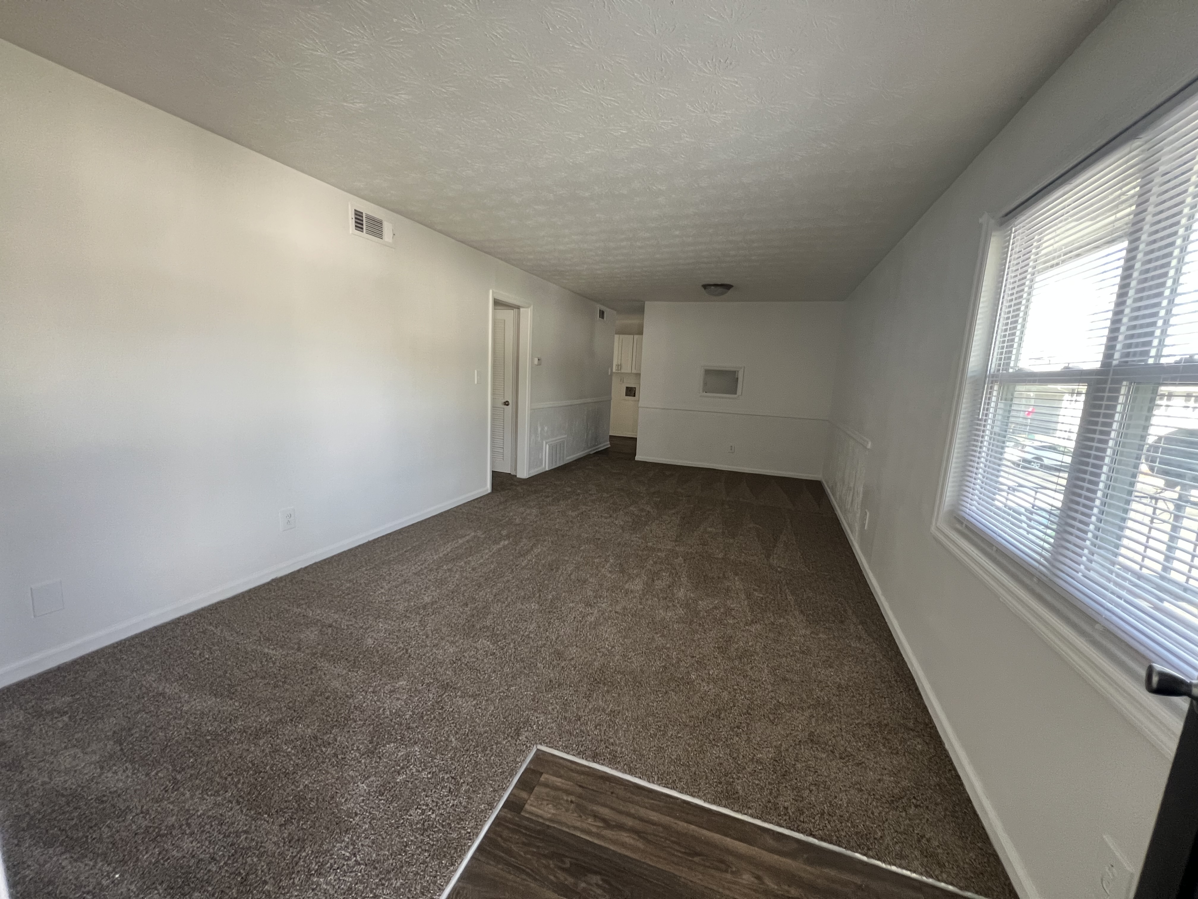 Unfurnished Living Area with large windows and carpet