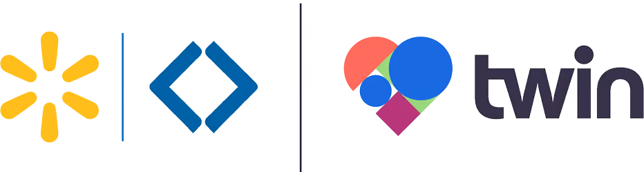 Split image showing the Walmart logo on the left with a yellow spark symbol and a separate blue geometric shape; separated by a vertical line from the colorful geometric heart-shaped logo with the word 'twin' in lowercase dark letters on the right.