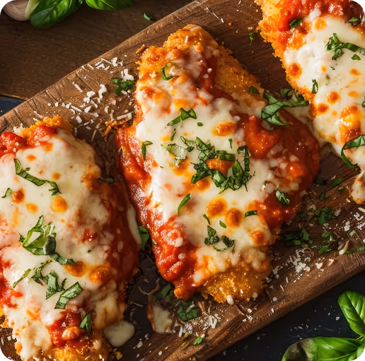 Close-up of three breaded chicken parmigiana pieces topped with melted mozzarella cheese, tomato sauce, and chopped fresh basil on a wooden board.