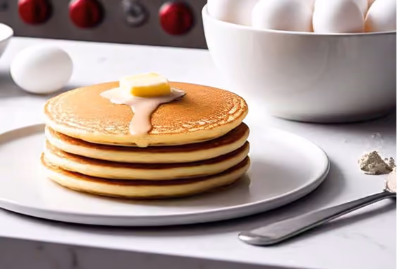 Stack of five golden pancakes on a white plate topped with a pat of melting butter and syrup, with a bowl of eggs and an egg on the counter in the background.