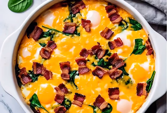 Baked dish with whole eggs, melted cheddar cheese, cooked spinach leaves, and crispy bacon pieces in a round white ceramic pan on a marble surface with a gray cloth.