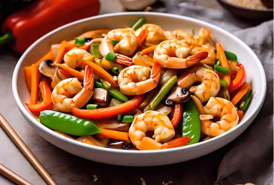 A white bowl filled with cooked shrimp mixed with sliced red bell peppers, snap peas, carrots, mushrooms, and green beans, served on a table with chopsticks nearby.