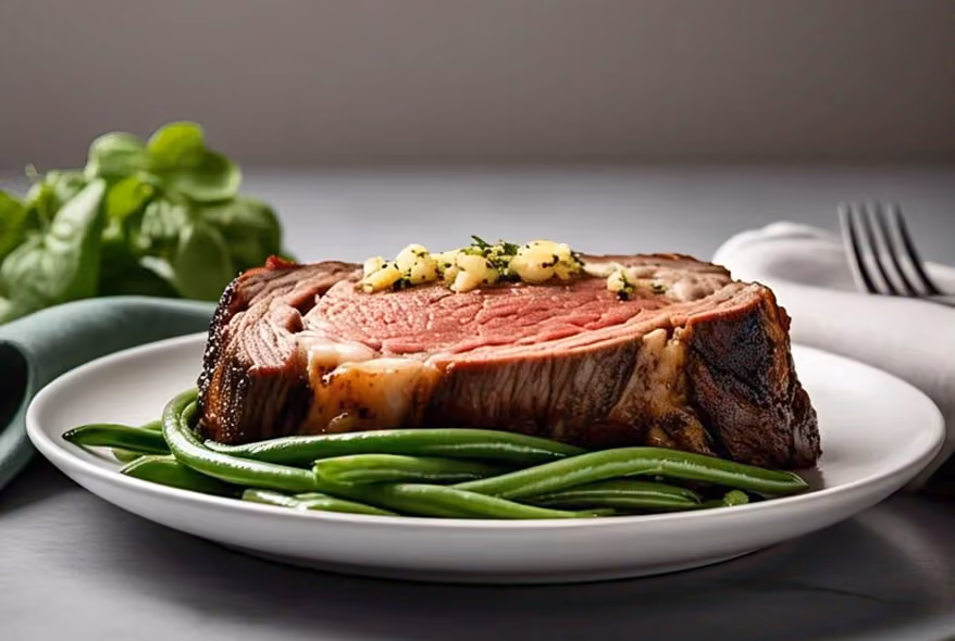 Medium-rare steak topped with garlic and herbs, served on a bed of fresh green beans on a white plate.