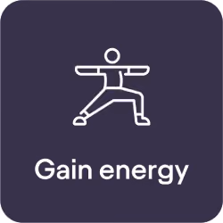 Icon of a person in a stretching yoga pose above the text Gain energy on a dark purple rounded square background.
